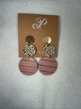 Plunder Pink Striped & Leopard Drop Earrings with Gold Discs